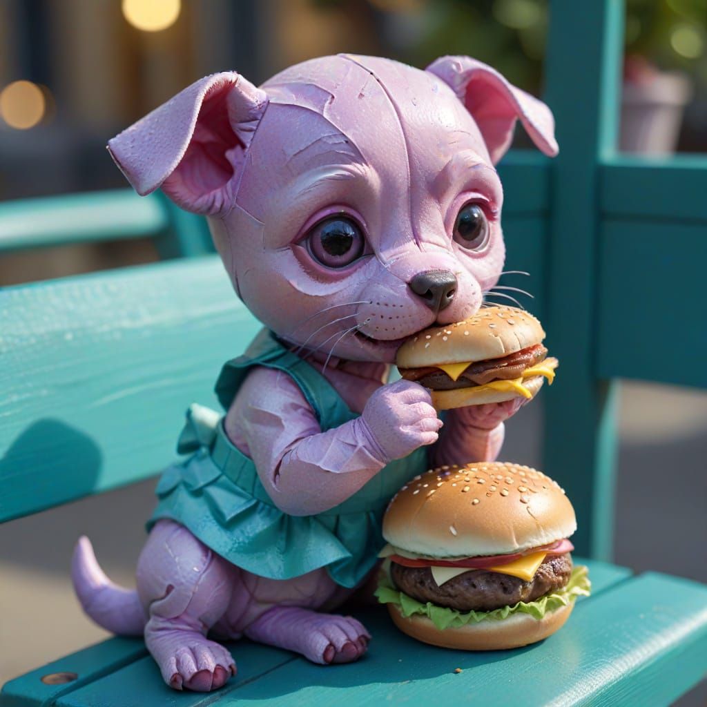Kewpie Style Purple Puppy Eats Hamburger on Teal Bench