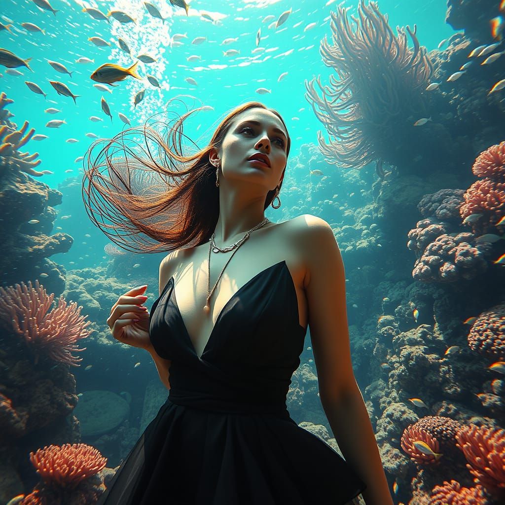 Underwater Glamour: Exotic Woman in Coral Kingdom