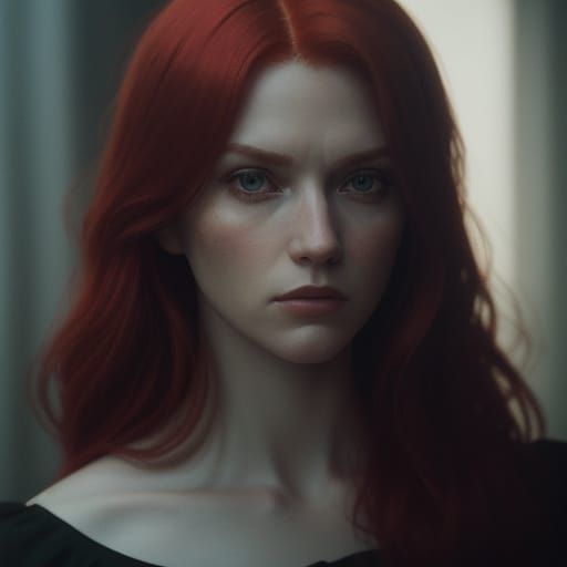 Red Haired Woman in Moody Cinematic Film Still