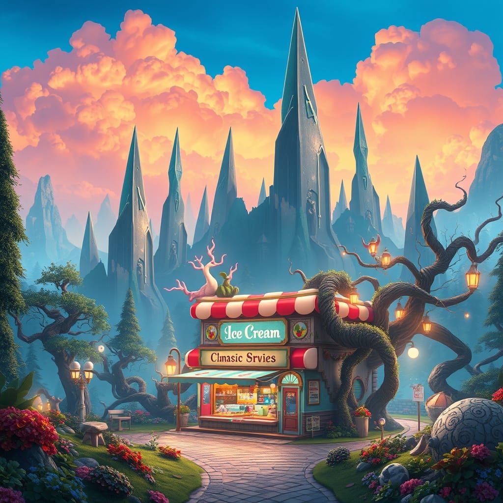 Fantasy Ice Cream Shop in Vibrant, Gradient Skies