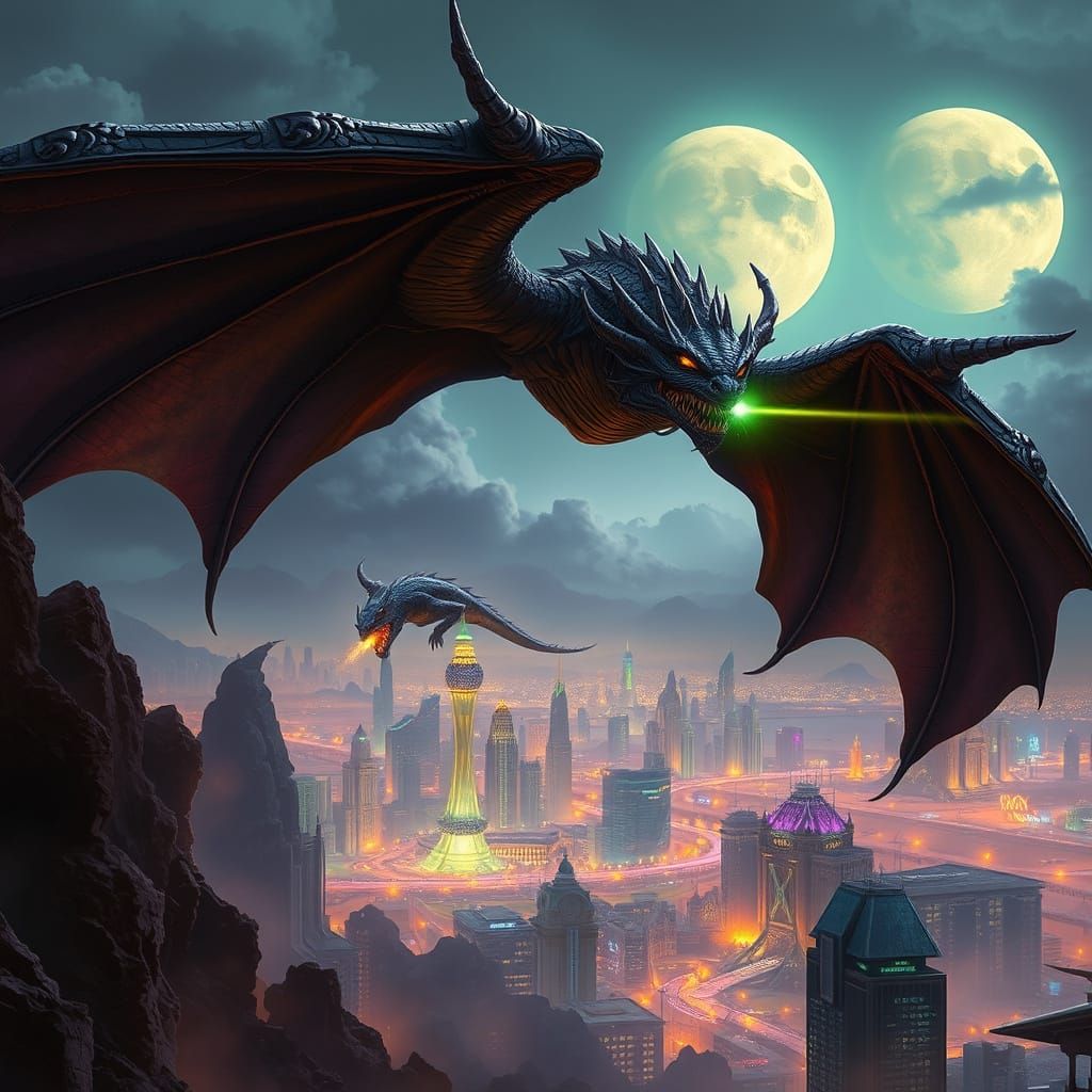 Obsidian Dragon Soaring Over Neon Metropolis