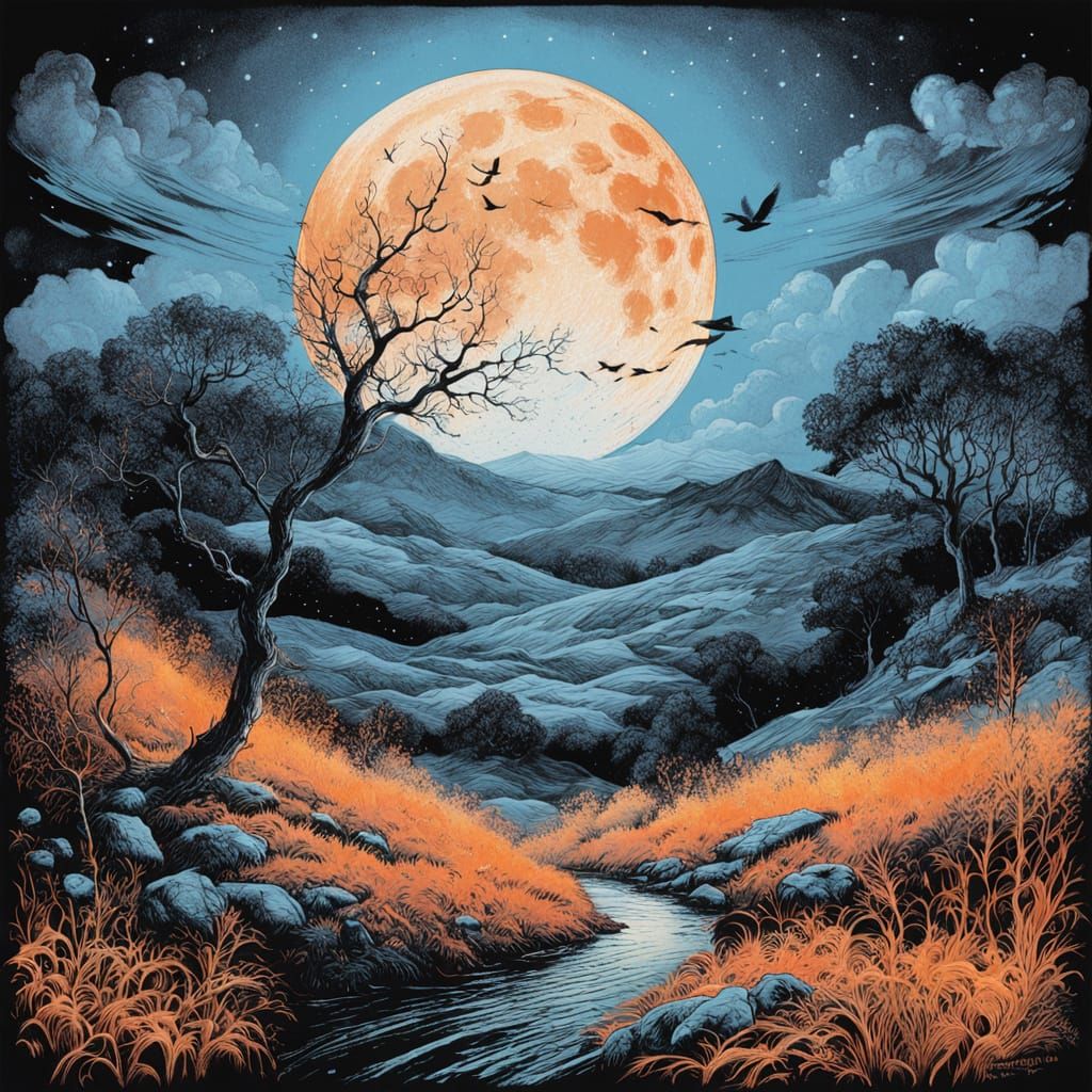 Ethereal Moonlit Landscape with Birds in Ink and Watercolor