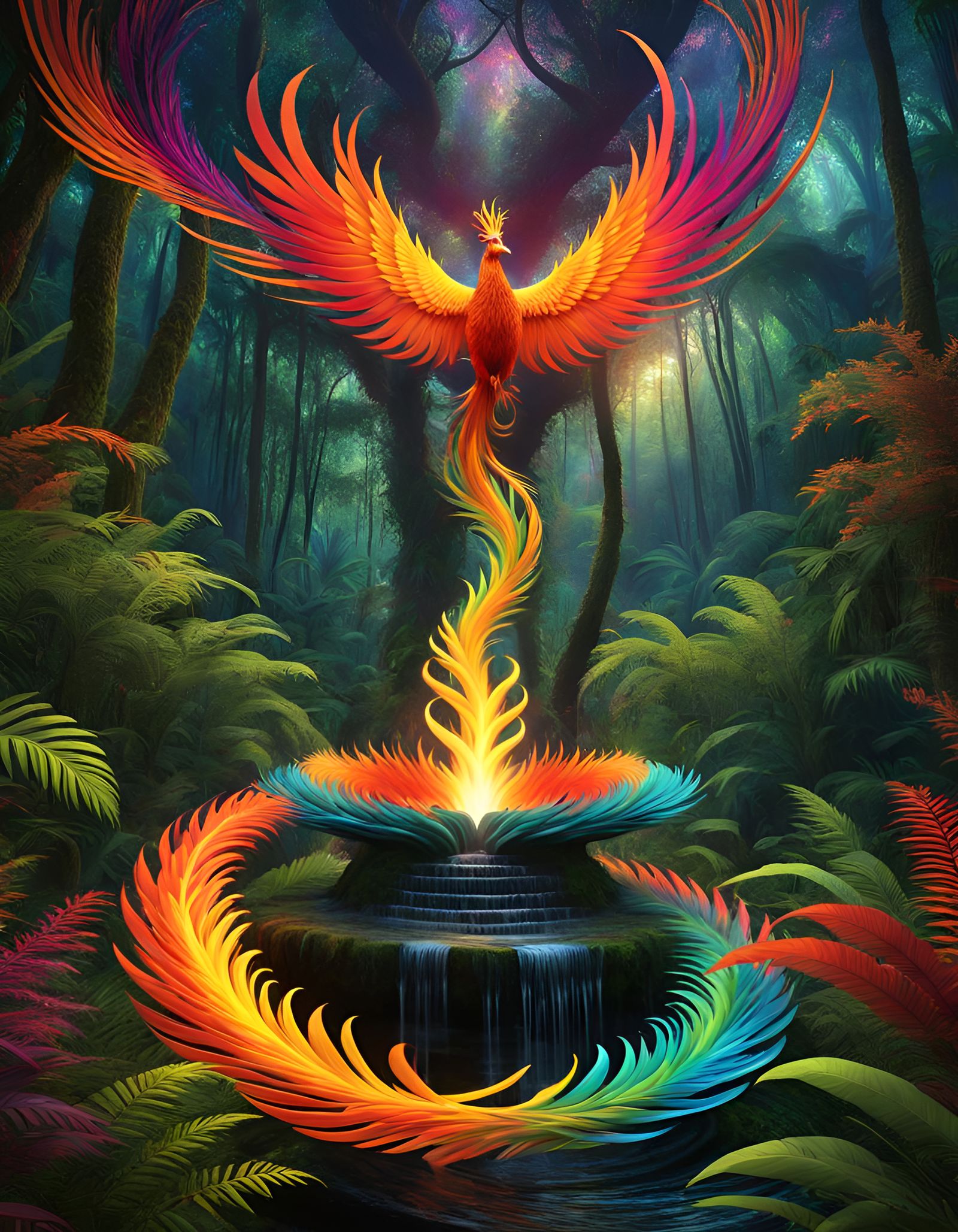 Colorful Phoenix Rising in Magical Jungle Clearing