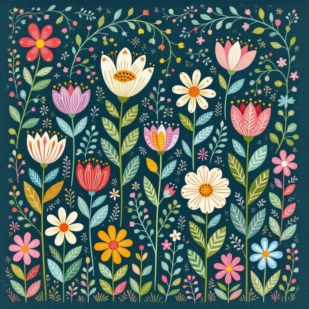 Whimsical Garden of Wishes in Folk Art Style