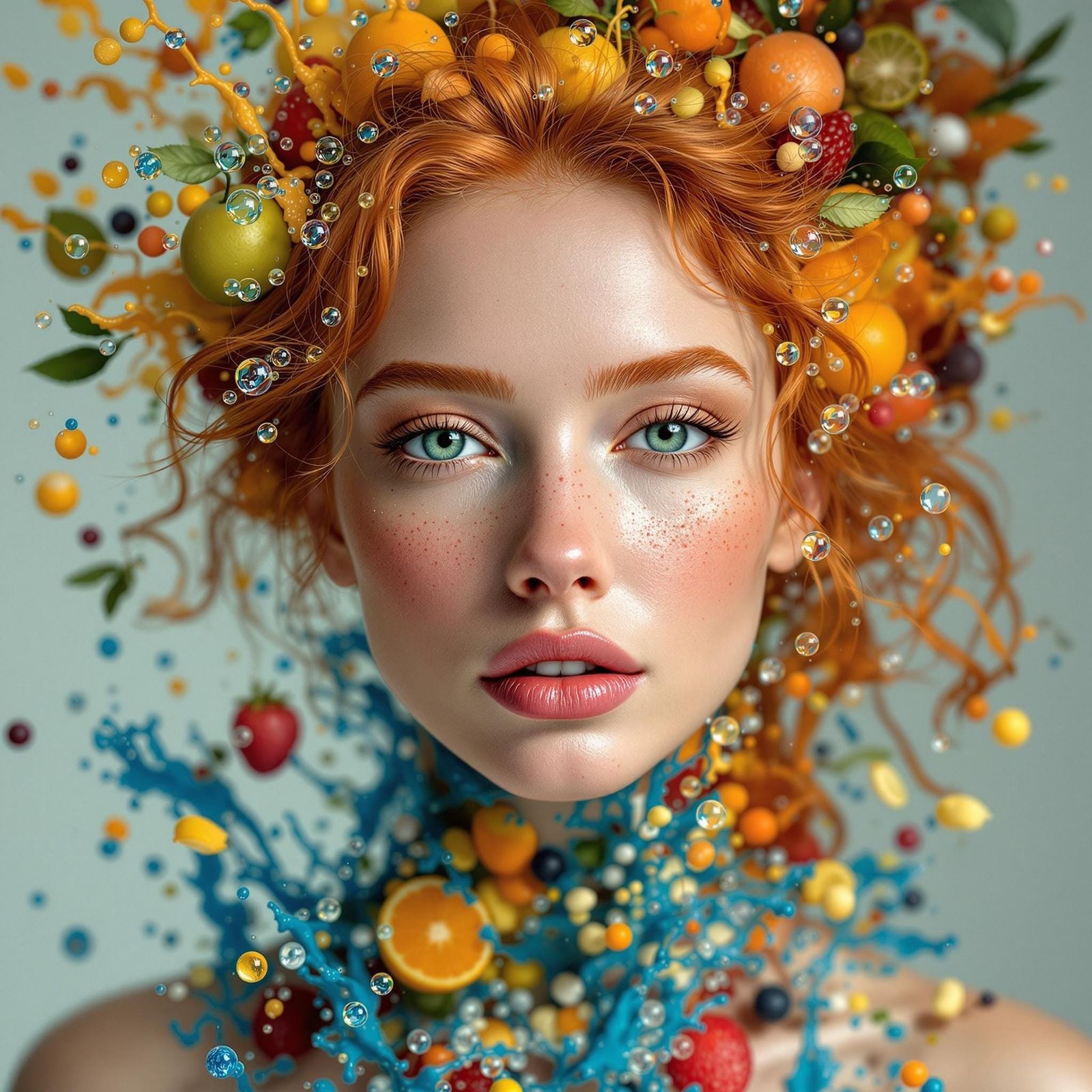Ginger Goddess Amidst Vibrant Fruits