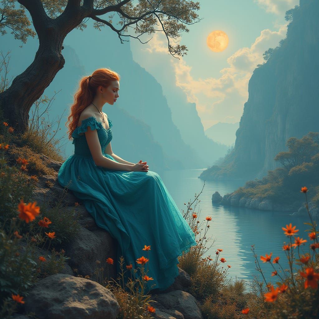 Dreamcatcher Landscape with Woman in Blue Dress