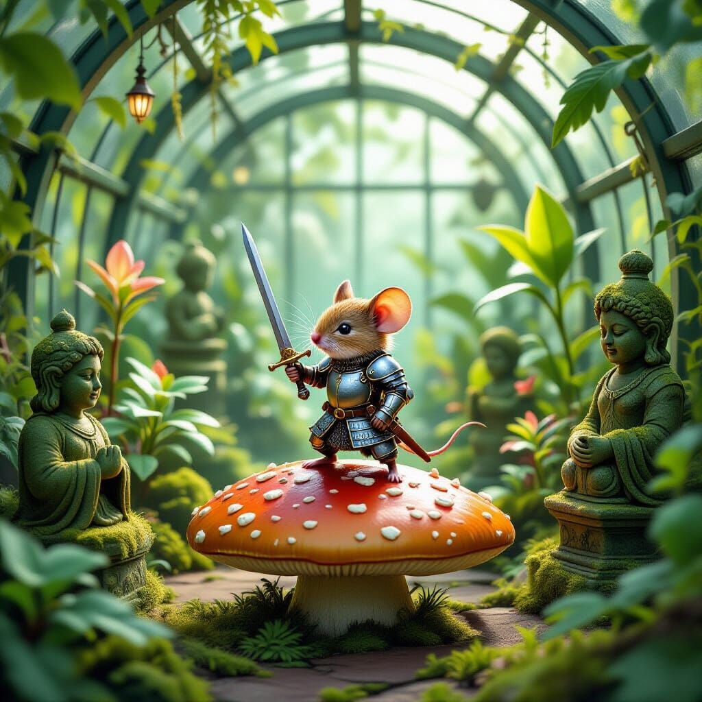 Overgrown Greenhouse With Glowing Plants And Knight Mouse