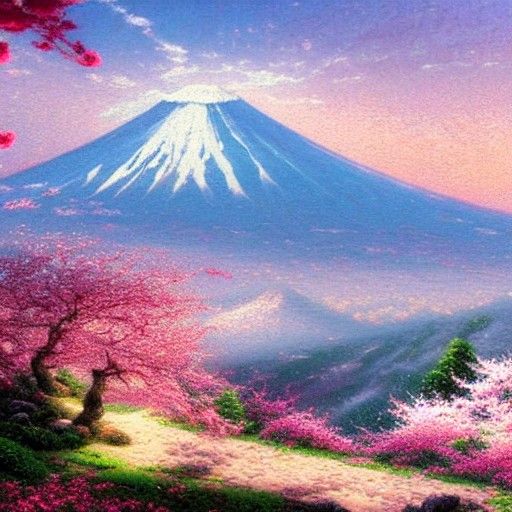 Mount Fuji Cherry Blossom Windstorm in Ethereal Style