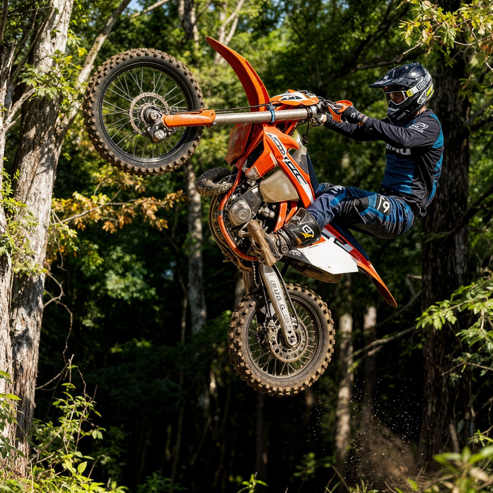 Dirt Bike Flip Action in Forest Setting