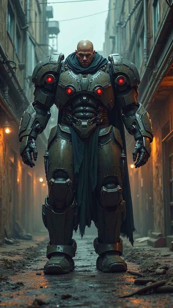 Cybernetic Warlord in Dystopian Alleyway