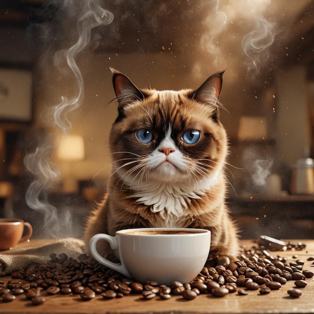 Grumpy Cat and Coffee: Hyper-Realistic Digital Art