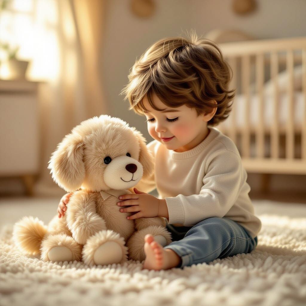 Boy Plays With Dog Doll in Dreamlike Nursery