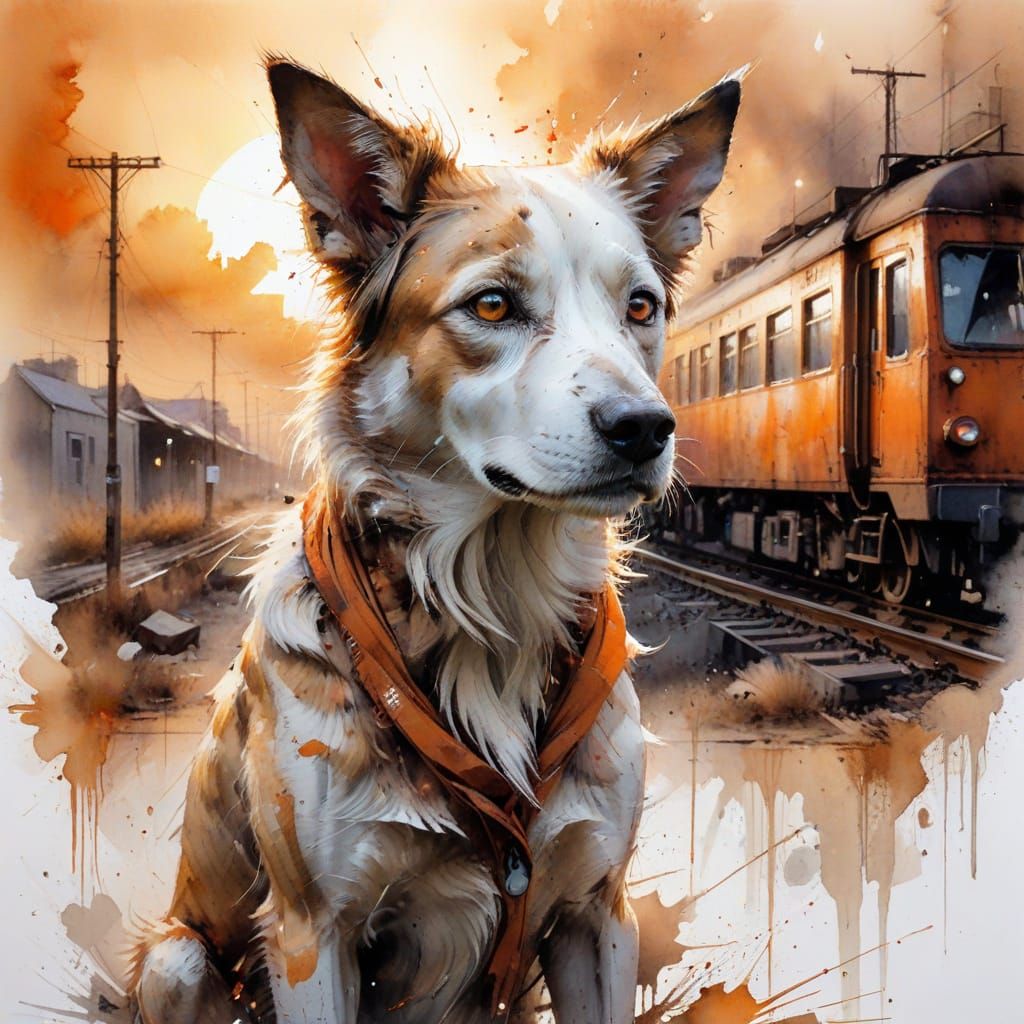 Stray Dog at Abandoned Station at Sunset