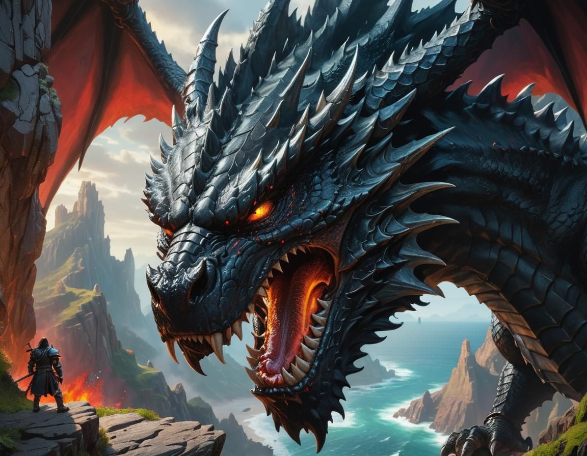 Colossal Black Dragon Stares Down Knight: Hyperrealistic War...