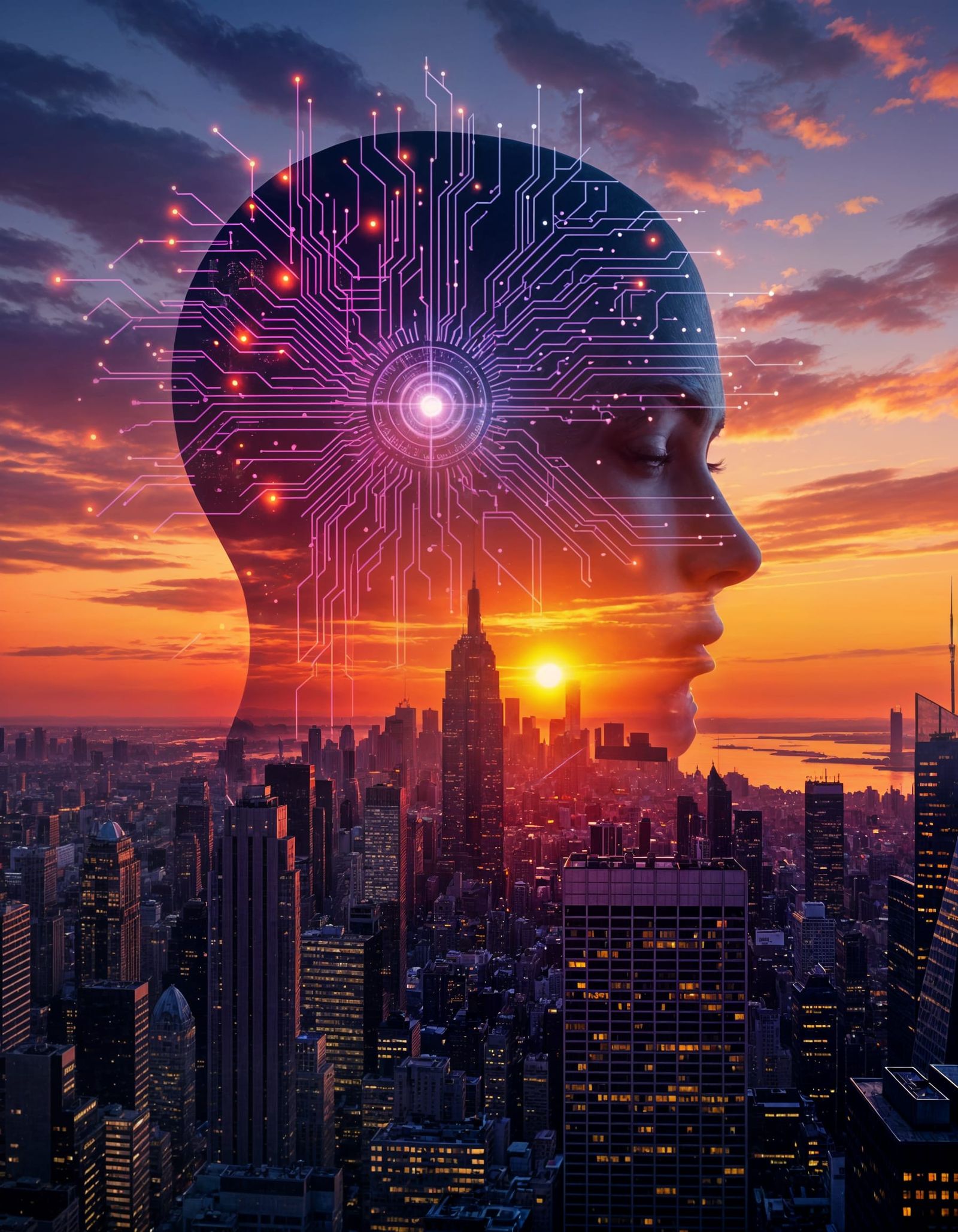 Futuristic Cities Merged with AI Head in Double Exposure Art