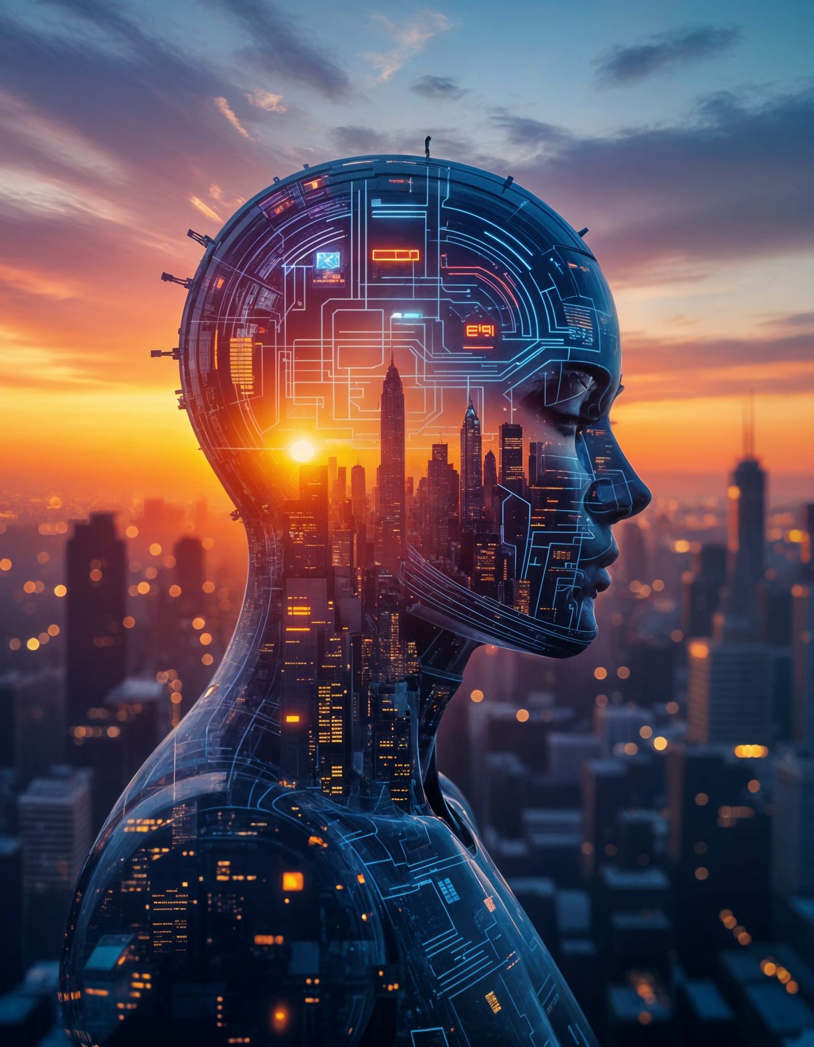 AI Head as Futuristic City Megastructure in Double Exposure ...