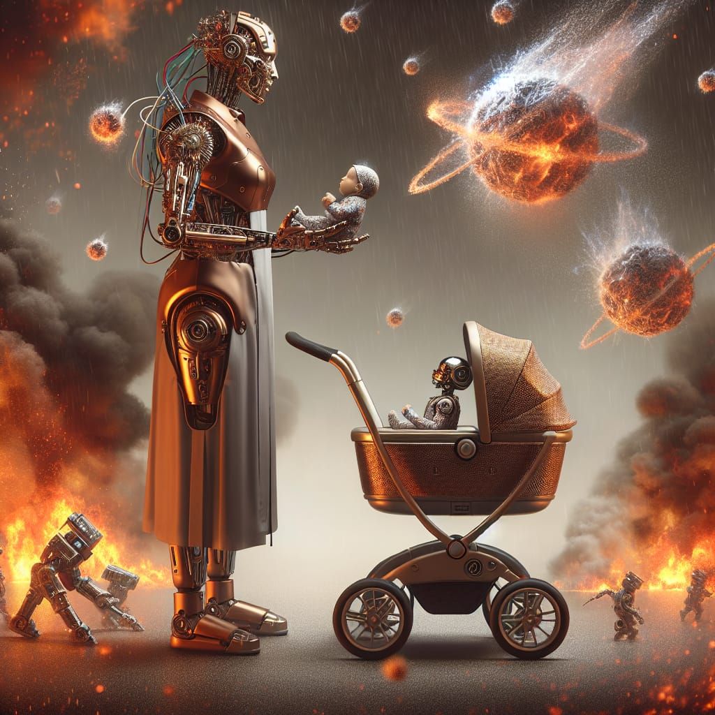 Female Robot Pushing Cyborg Doctor in Flaming Hailstorm