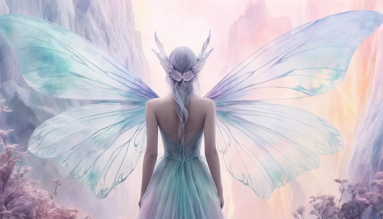 Dreamlike Fairy in Ethereal Watercolor Landscape
