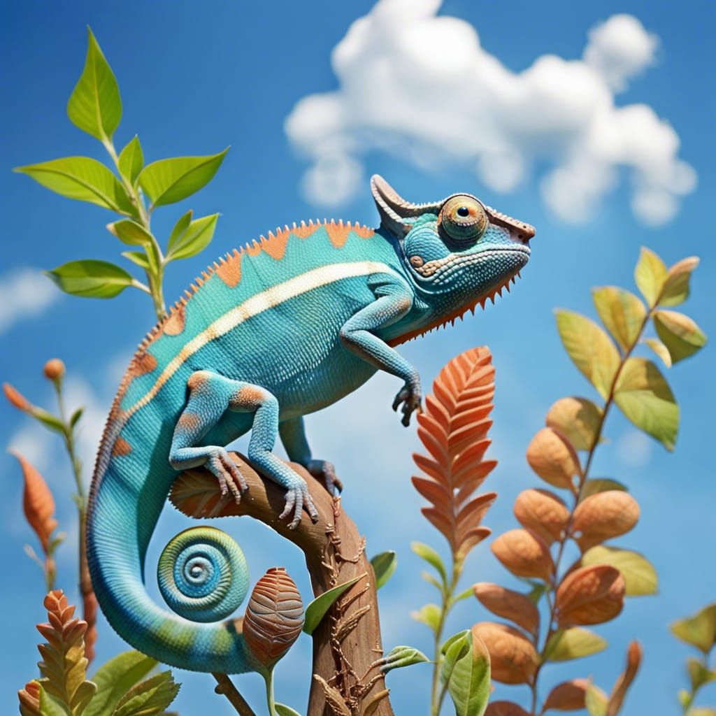 Chameleon in Garden with Blue Sky Florafractigami
