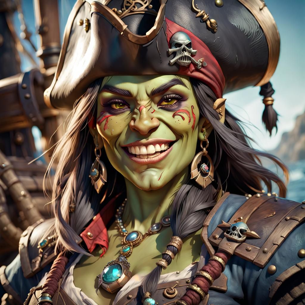 Female Orc Pirate Captain Portrait in Hyperrealistic Style