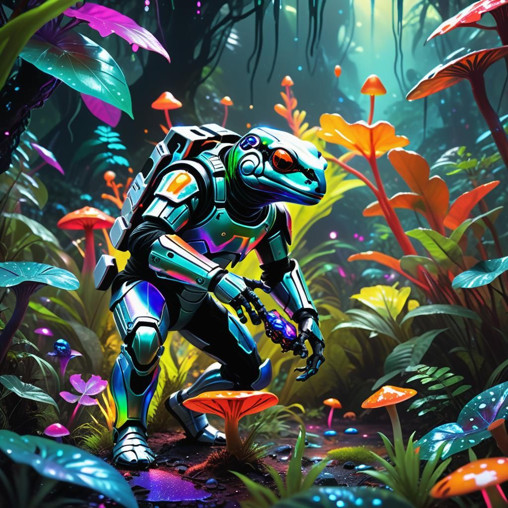 Space Trooper and Alien Frog in Hyperrealistic Jungle