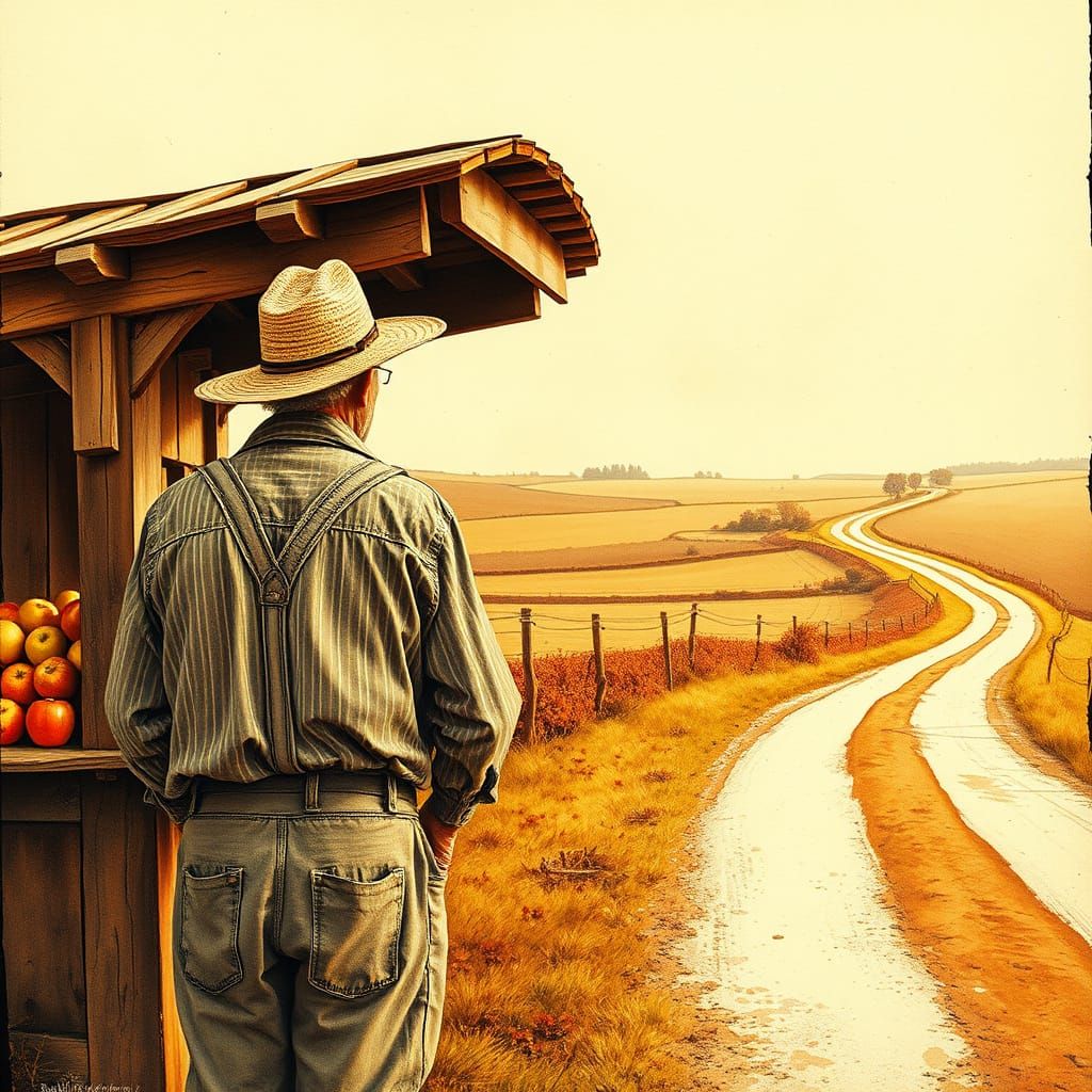 Rustic Apple Stand by the Roadside: Ink Painting