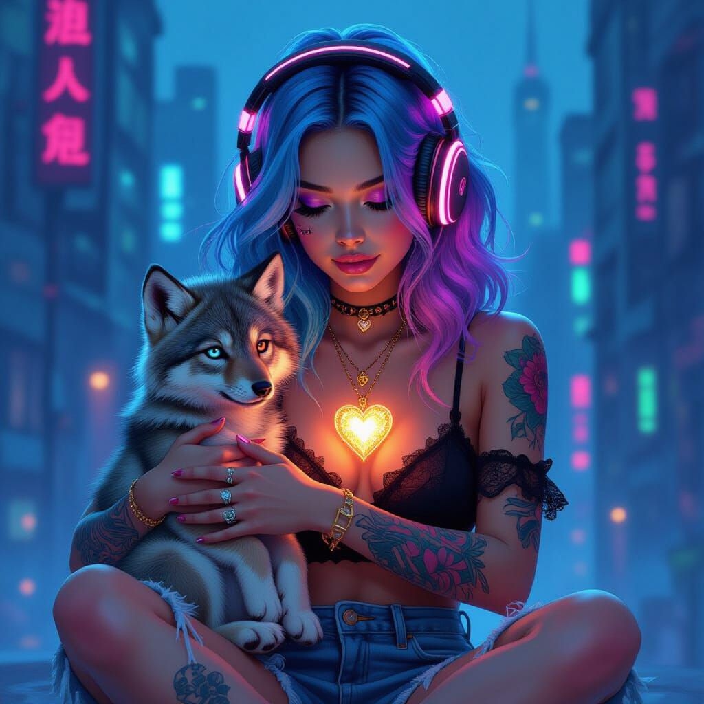Boho Woman with Wolf Cub in Neon Cityscape