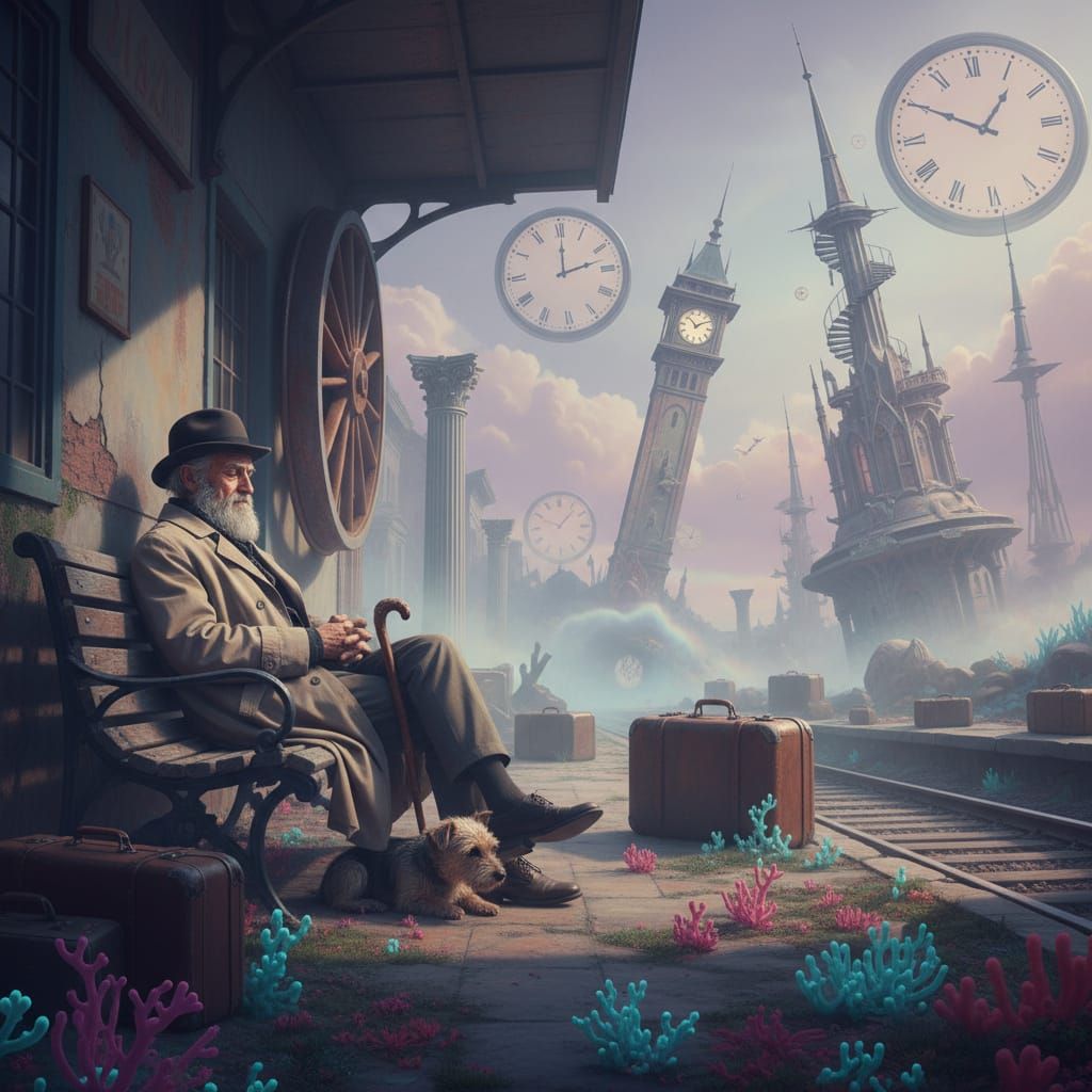 Weary Man and Dog Await Mystery Train at Empty Station