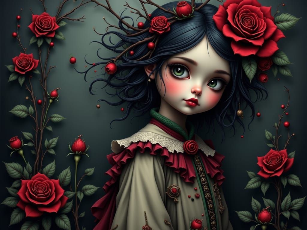 Whimsical Bramble-Haired Child with Roses in Gothic Style