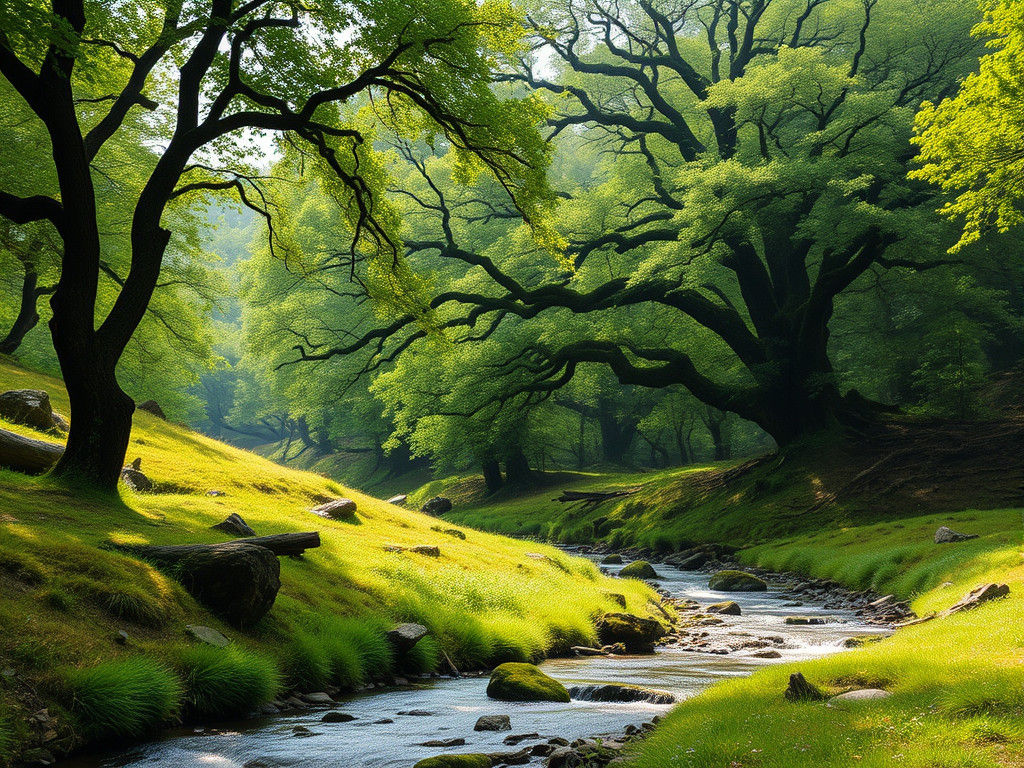 Lush Green Oak Forest with Flowing Stream