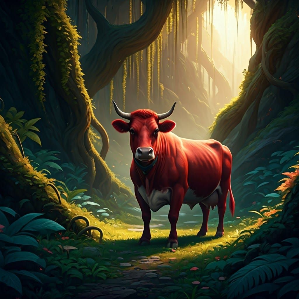 Red Cow Amidst Breathtaking Fantasy Landscape