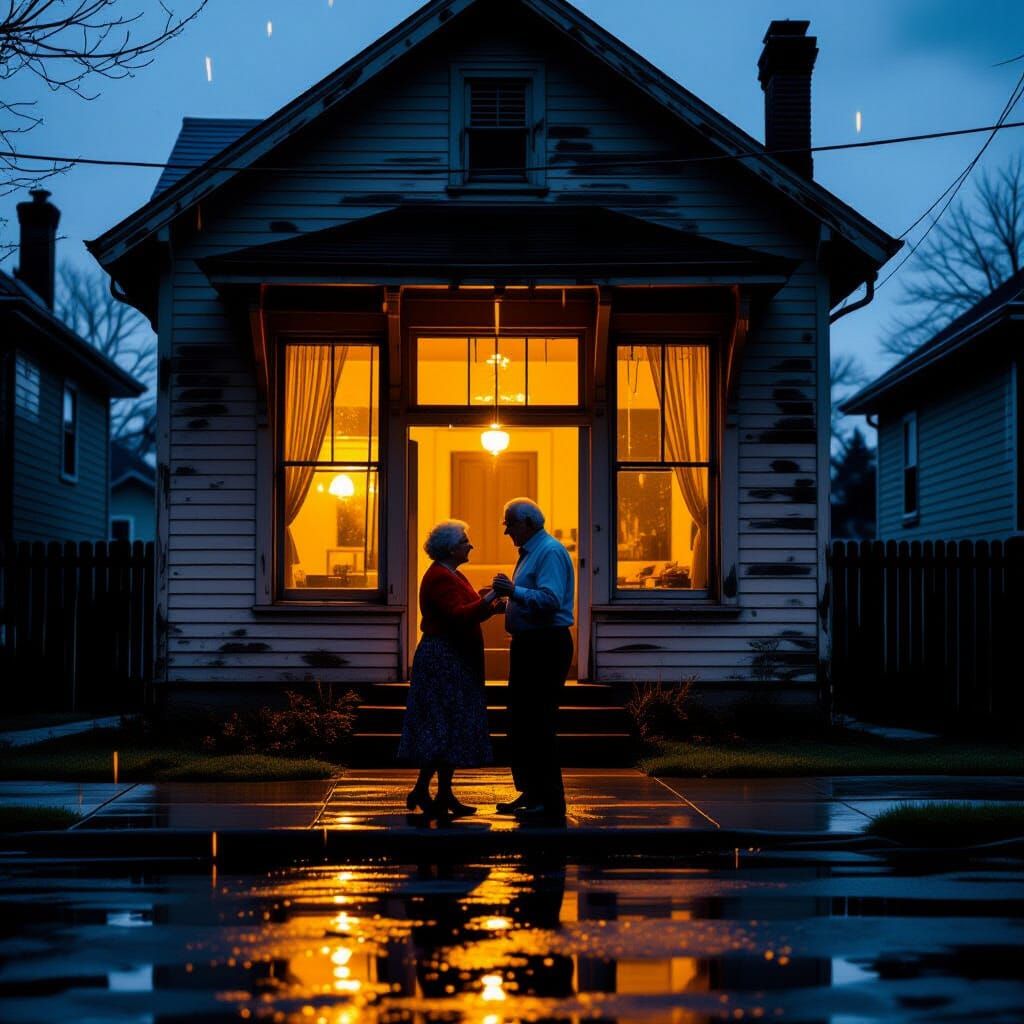 Elderly Couple Dancing Silhouetted in Window