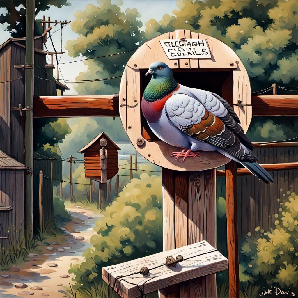 Colorful Pigeon on Telegraph Pole Illustration