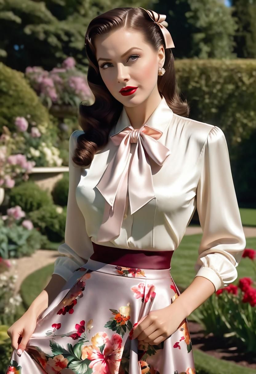 Woman in 1940s Floral Fashion in Sunlit Garden