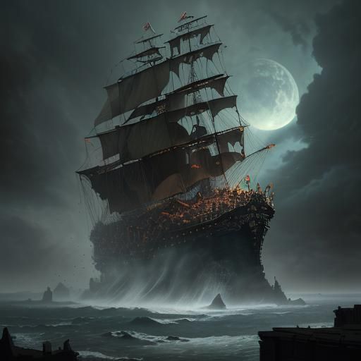 Grim Flying Dutchman with Zombie Crew in Dark Fantasy