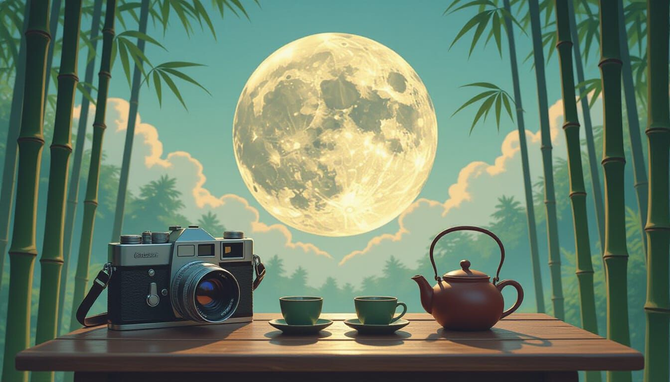 Vintage Camera Captures Colossal Moon Over Bamboo Forest