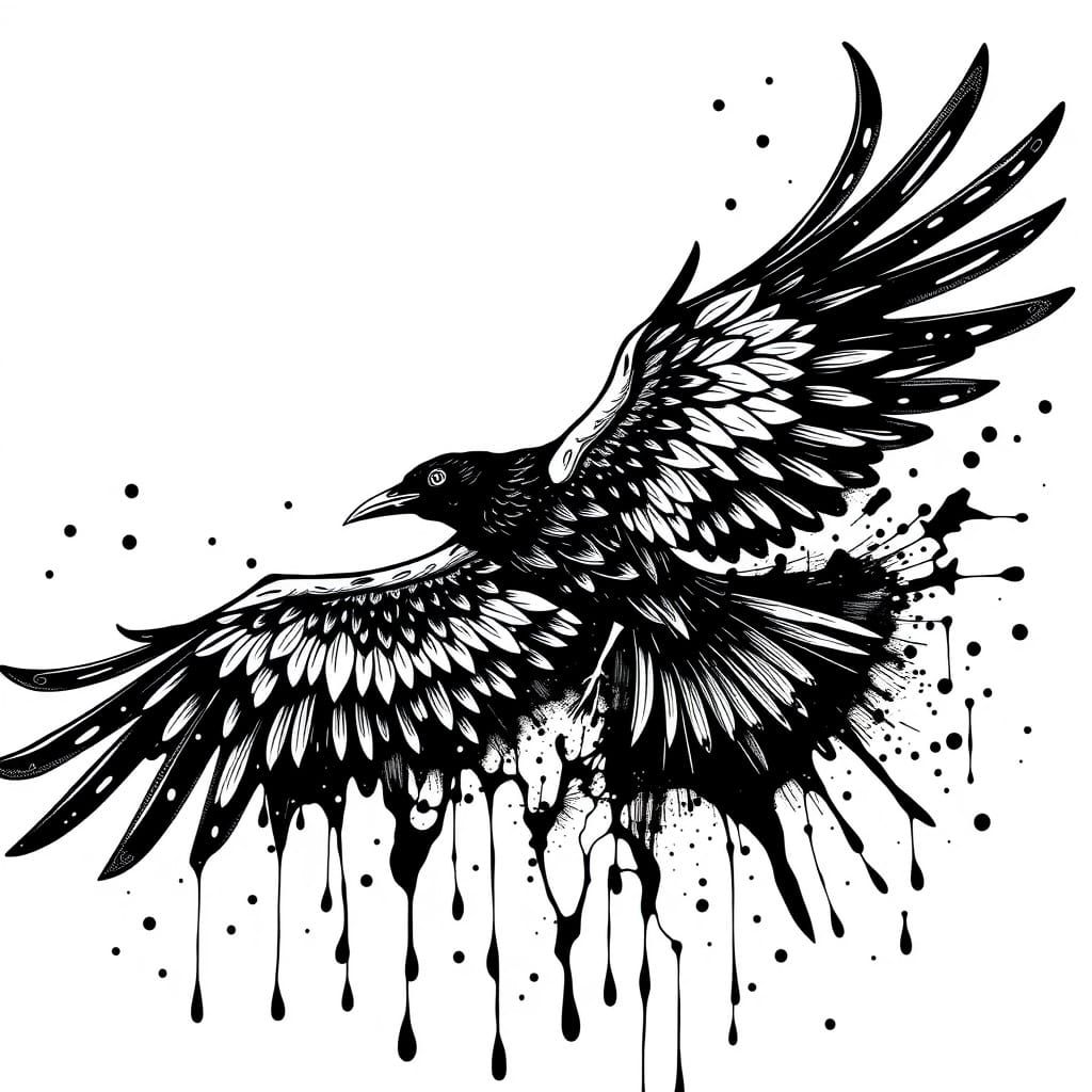 Ink Droplets Dance Around a Raven in Flight