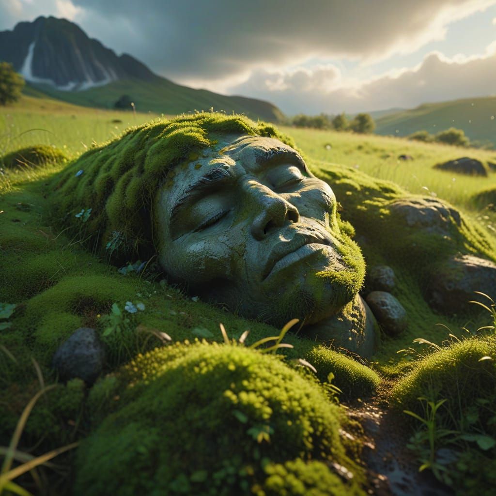Moss-Covered Stone Giant Sleeps in Lush Meadow