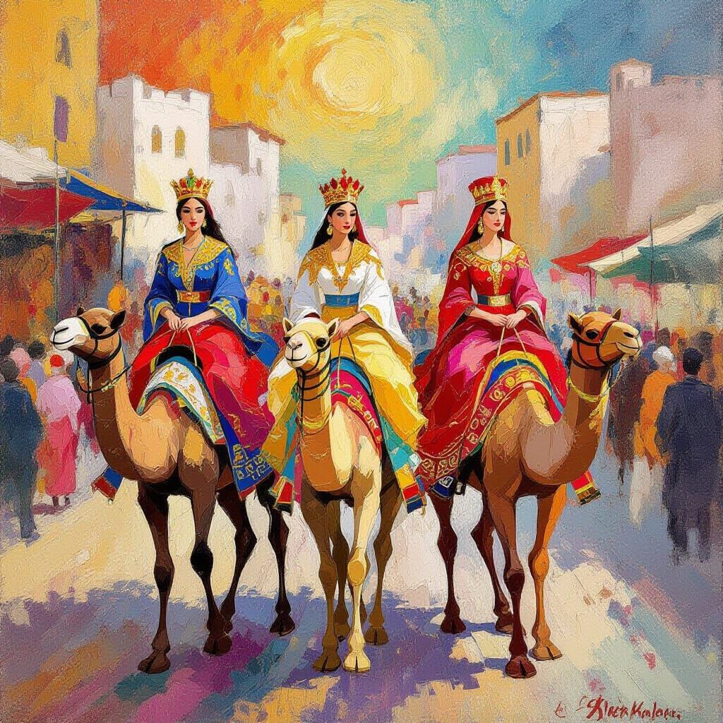 Three Queens on Camels in Vibrant Marketplace