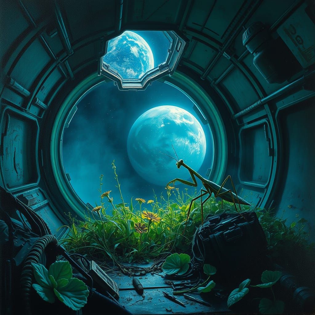Lone Mantis Tends Alien Garden in Derelict Spaceship