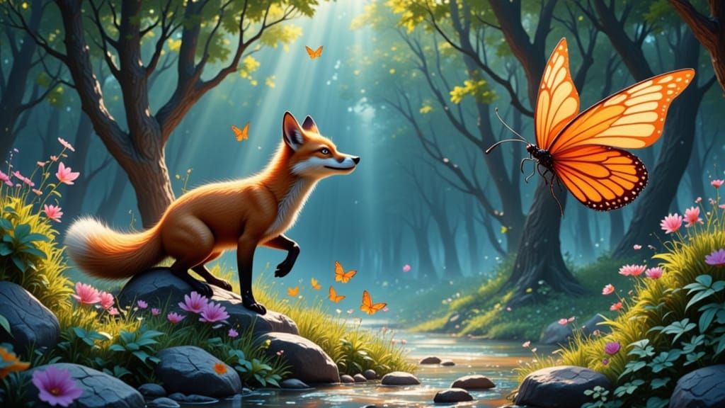 Cunning Fox Chases Butterfly in Verdant Forest