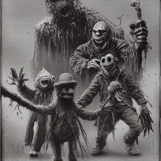 Muppets vs Freddy vs Jason in Dark Fantasy Style