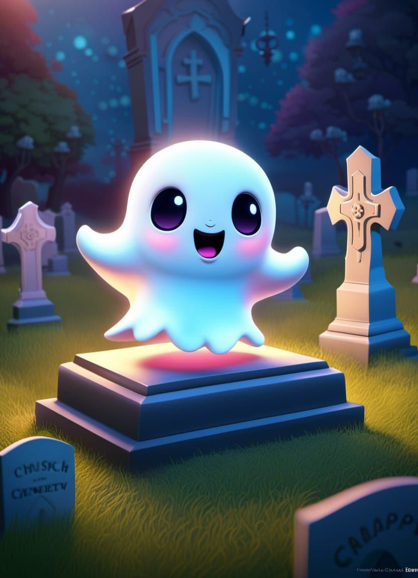 Adorable Chibi Ghost at Church Cemetery, 3D Digital Art