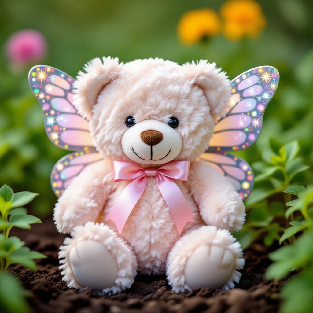 Pom-Pom Teddy Bear with Butterfly Wings in Garden