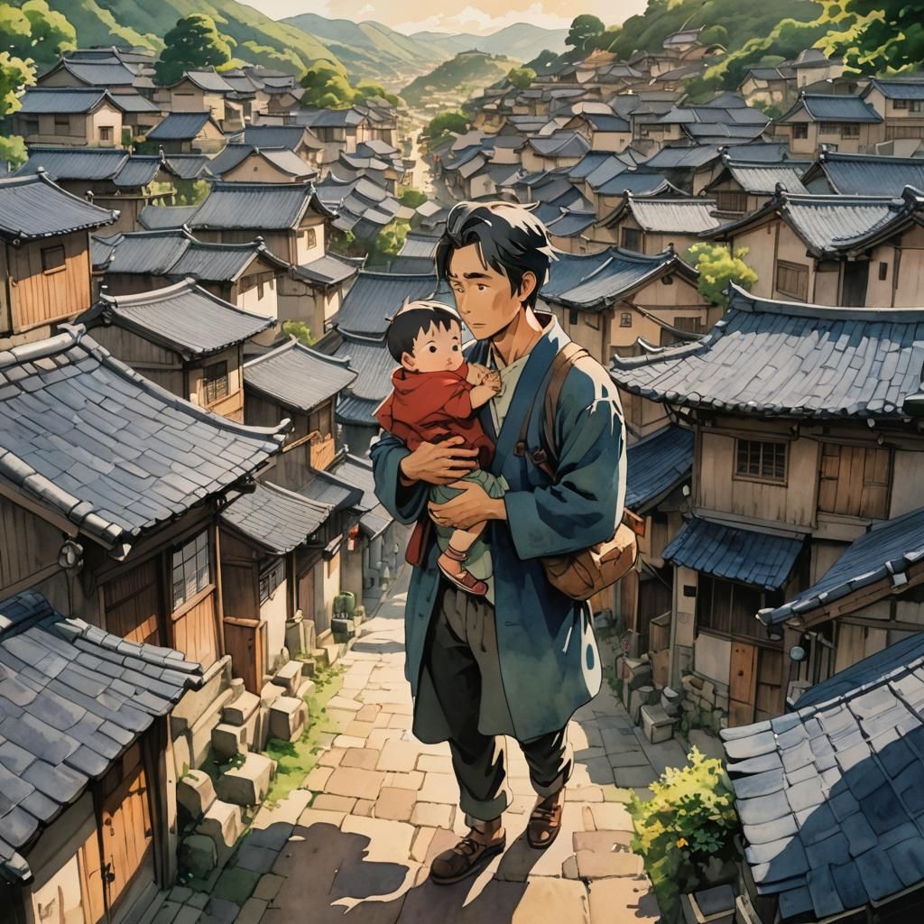 Man and Baby in Old Village: 2D Watercolor