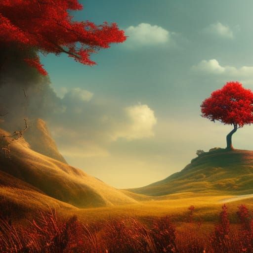 Dramatic Red Tree on Hill in Sunlight