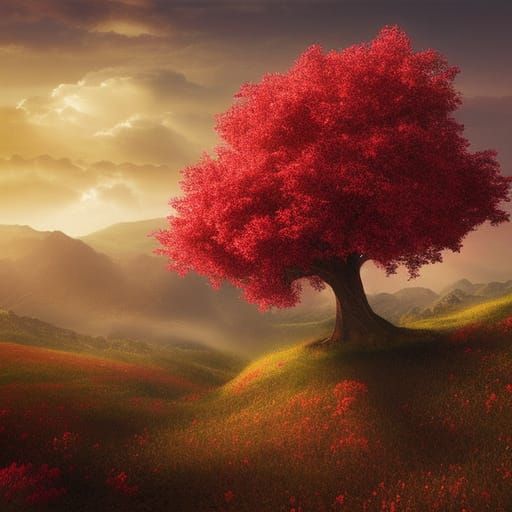 Red Tree on Hill: Dramatic Digital Painting