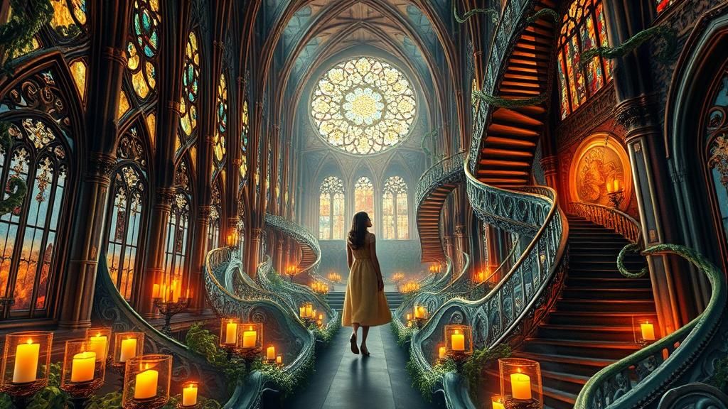 Labyrinthine Woman in Dreamlike Cathedral: Gouache and Water...