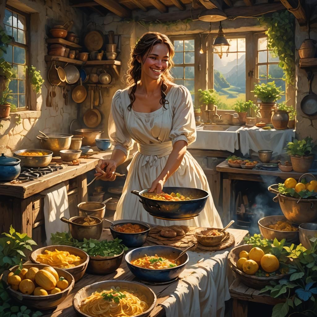 Fantasy Village: Woman Cooking, Matte Painting Style