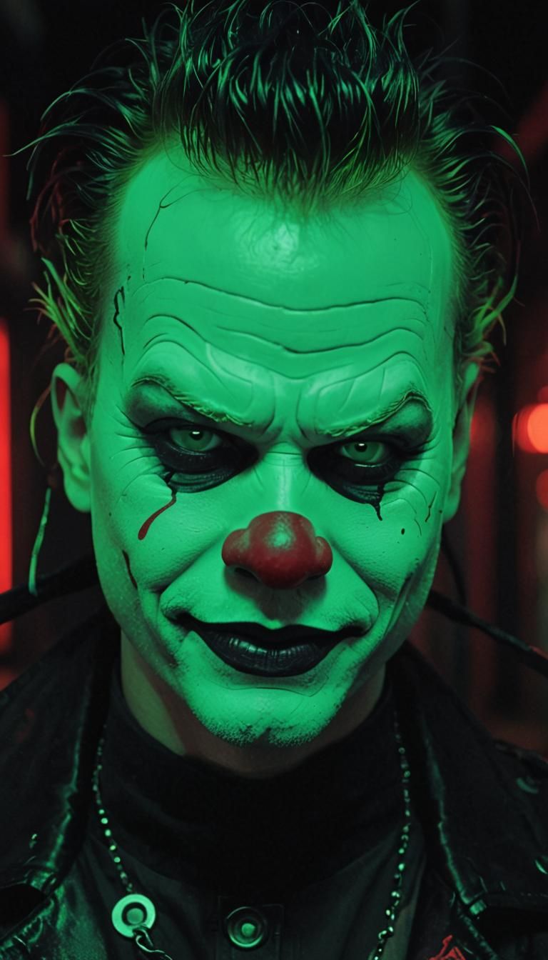 Sinister Clown in Dark Alleyway: Cyberpunk Film Still